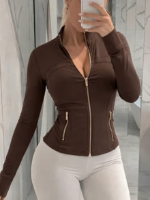 Women's High Stretch Slim Fit BBL Jacket Gold Zip Up Stand Collar Thumb Hole Activewear Top Multi Color Gym Workout Casual Wear - Espresso/Gold - 查看 1