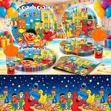 Panini Cartoon Sesame Street Disposable Tableware Set, Paper Plates, Cups, Napkins, Tablecloth, Party Gathering Table Decor Supplies - Multicolor - View 1