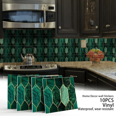 OUTANA 10 piezas de azulejos decorativos autoadhesivos brillantes para el hogar, impermeables, a prueba de aceite y humedad, fáciles de limpiar, pegatinas de pared de plástico de vinilo, para decoración de pared de sala de estar, decoración de cocina, azulejos de baño, pegatinas de decoración de sala de estufa, azulejos de pared de arte de lujo, paneles de pared autoadhesivos