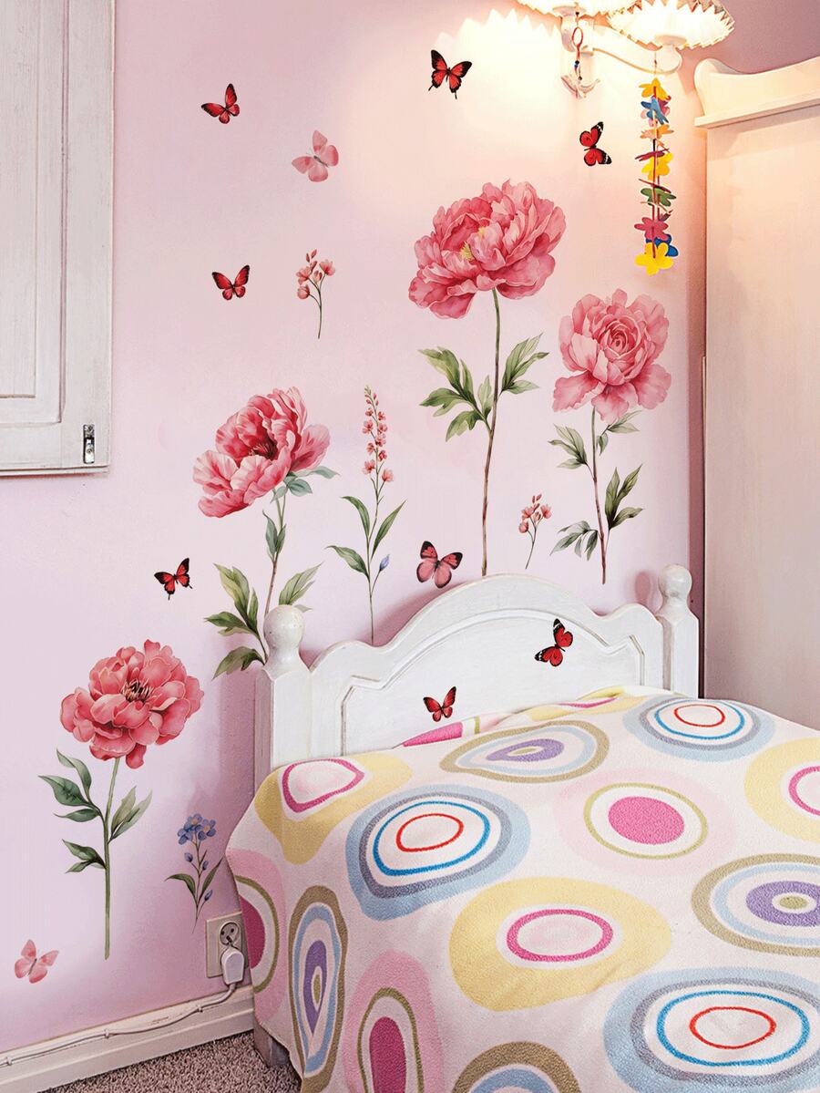 1pc Warm Romantic Pink Large Peony Butterfly Wall Decor Sticker, Removable Room Decoration Wall Decal For Bedroom, Living Room, Kids Room - 1PC - View 1