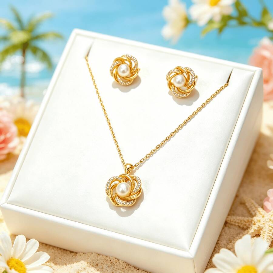 1 Set Stainless Steel Zirconia Chain Flower Faux Pearl Pendant Women's Fashion Necklace & Earrings Jewelry Set, Gift Accessory - Style a - View 1