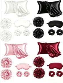 6pcs Sleep Hair Care Set, Includes 2 Pillowcases, 1 Skin-Friendly Hair Tie, 1 Sleep Mask, 1 Satin Sleep Cap And 2 Hair Ties - Multicolor - View 1