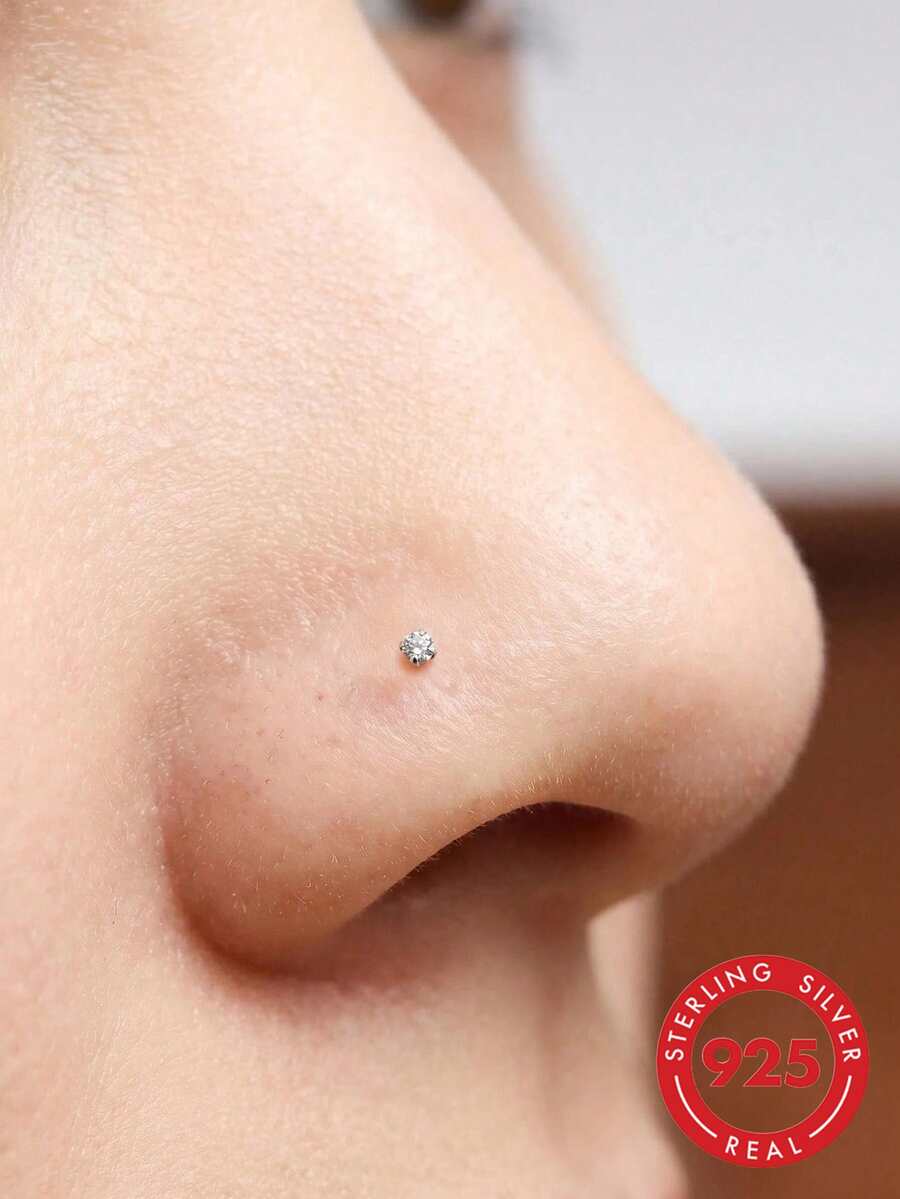 2枚925纯银鼻钉，2毫米透明水晶鼻环，银色鼻钉 - 銀色 - 查看 1