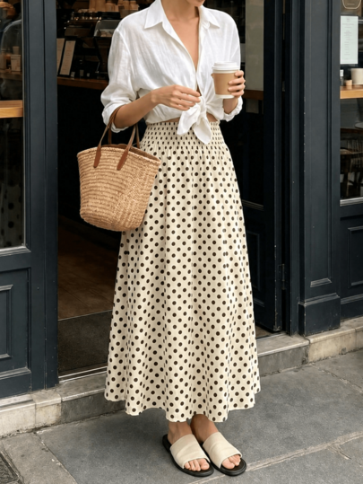 Frühling Sommer Herbst Rock, Aprikosenfarbener Polka-Dot-Muster Ausgestellter Rock, Elastischer Lockerer Alltags-Ausgang-Pendel-Street-Langrock Trompetenrock