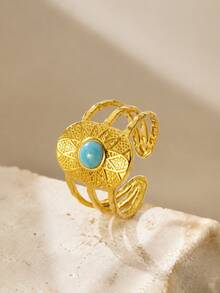 VceTd 1pc Bohemian Style Stainless Steel Women's Ring With Blue Enamel Geometric Design, Suitable For Daily Wear, Holiday Outings, Fashion Parties, Summer Beach Vacations, Or As A Holiday Gift For Women Or Loved Ones - Yellow Gold - View 4