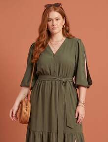 Women's Plus Size Long Dress Duna Flowy 3/4 Sleeve V-Neck Waist Tie Slit Ruffled Hem With Slit - 軍綠色 - 查看 4