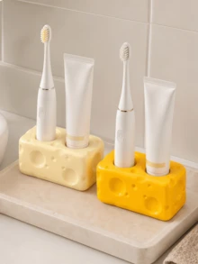 1pc Cute Cheese Style Toothbrush Stand, Dual Hole Electric Toothbrush And Toothpaste Holder, Bathroom Vanity Organizer, Modern Home Bathroom Accessory - A - View 2