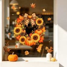 1/2件裝秋季花環窗貼 Hello Fall 南瓜向日葵楓葉靜電貼紙 雙面可移除玻璃貼紙 感恩節商店門窗居家裝飾 - 秋季花圈窗貼 - 查看 8