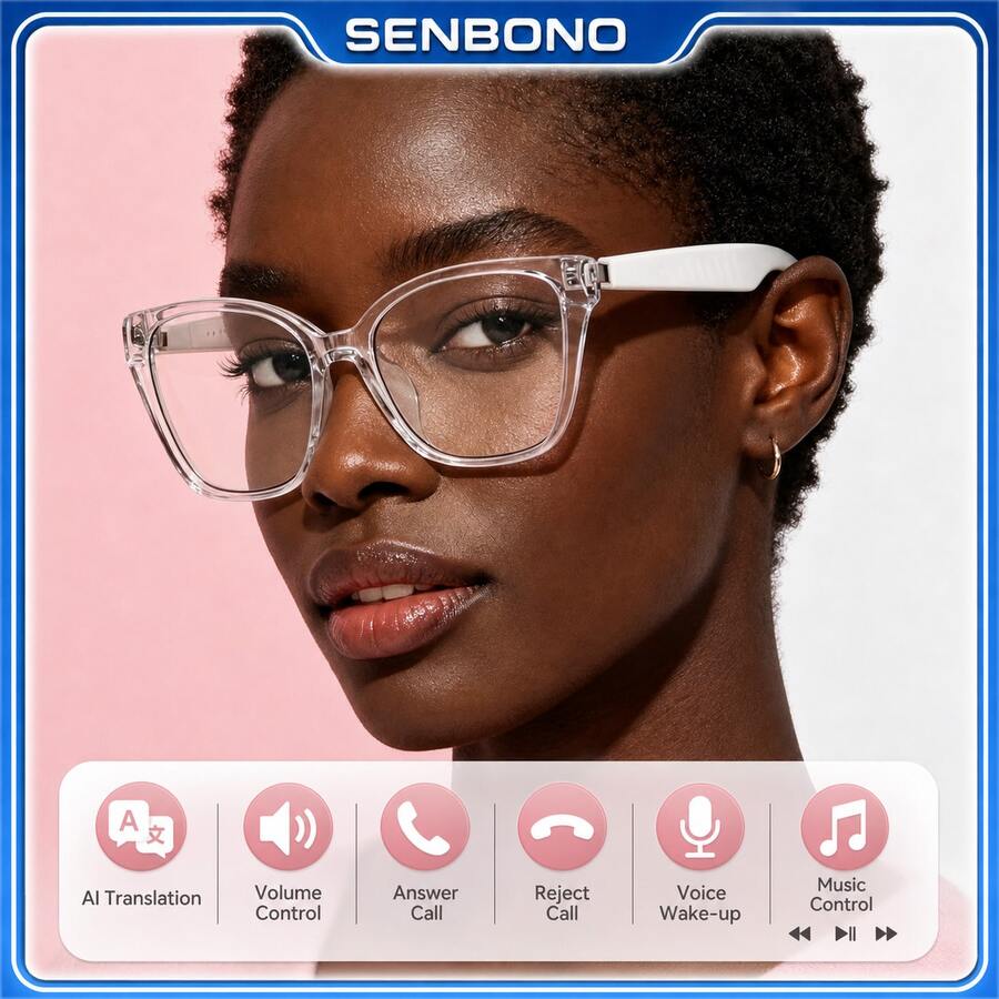 SENBONO AI 智慧藍牙眼鏡,支援接聽/拒接電話、免持通話、音樂與音量控制、AI 翻譯、語音助理啟動,內建麥克風與揚聲器,適用 iOS 與 Android,時尚眼鏡 - 查看 1
