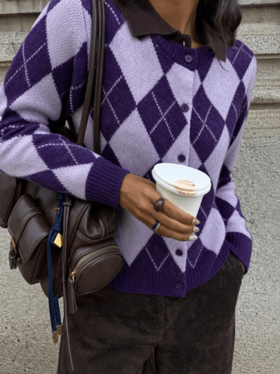 Joy Knit Women's Sweater Autumn/Winter Fashion New Style - Basic Tops - Simple Casual Fashion Versatile - British Round Neck Argyle Button Contrast Color Fitted Knit Cardigan Sweater Jacket - Office Outfits For Women - Going Out Tops - New Year