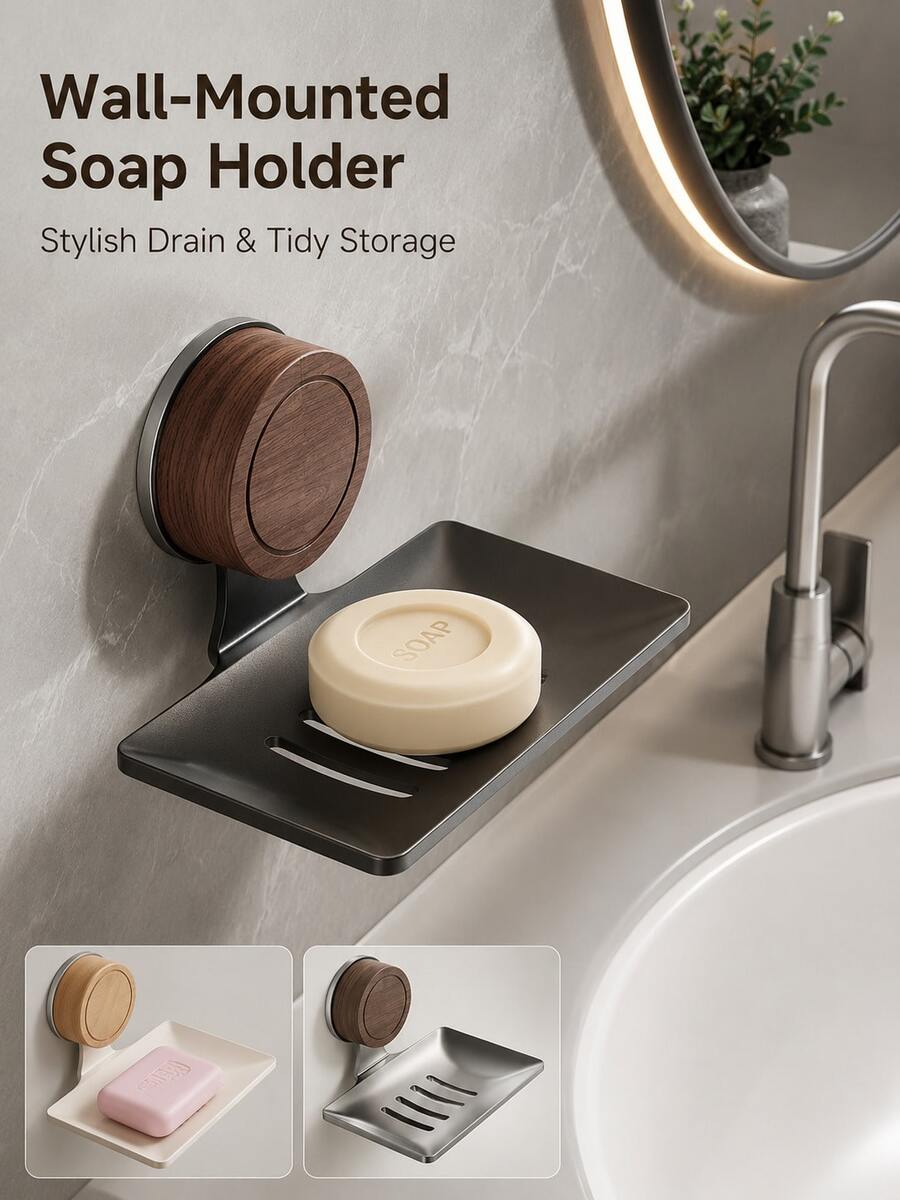 Strong Suction Cup Wall-Mounted Soap Holder, No-Drill Rust-Proof Draining Soap Dish, Bathroom Shower Room Use, Kitchen Sponge Storage Rack, Multi-Functional Home Storage Decorative Accessory