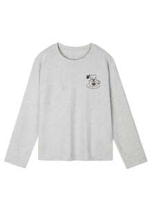 Women's Spring/Autumn Loose Fit Versatile Round Neck Fashion Top Casual Cat Pattern Letter Print Comfortable Long Sleeve T-Shirt - Light Gray - View 6