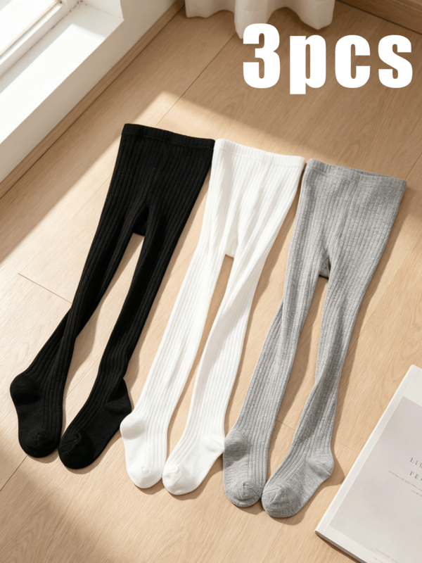 3pcs Solid Color Vertical Ribbed Tights For Girls, High Elastic Soft And Stretchy Slim Fit Children's Leggings, Spring/Autumn Versatile All-Match Style Baby Dance Socks, Match With Pleated Skirts, School Uniform Dresses, Non-Constricting Waist Solid Color Elastic Leggings
