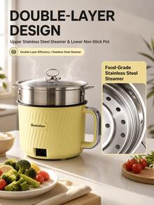 Portable Electric Steamer Pot, Multi-Functional Cookware, Suitable For 1-3 People, Easy To Operate, Can Stir-Fry, Stew, Steam, Non-Stick - Yellow Double Layer - View 7