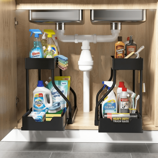 Organizador de almacenamiento bajo el fregadero de 2 niveles con forma de R, cajón deslizante extraíble, cesta de gabinete negra para cocina, baño, frascos de especias, botellas, artículos de tocador y suministros de limpieza