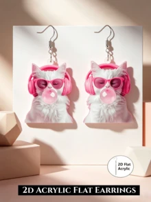 Pendientes colgantes 2D planos de gato blanco chicle rosa, gafas de moda de auriculares acrílicos rosa para mujer, orejas de gato geniales, estilo Y2K, animal lindo, amante de la música, joyería divertida, regalo - Gato blanco de chicle - Ver 1