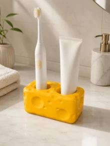 1pc Cheese Design Toothbrush Holder, 2-Slot Bathroom Countertop Organizer For Electric Toothbrush & Toothpaste, Cute Bathroom Storage Decor - Multicolor - View 5