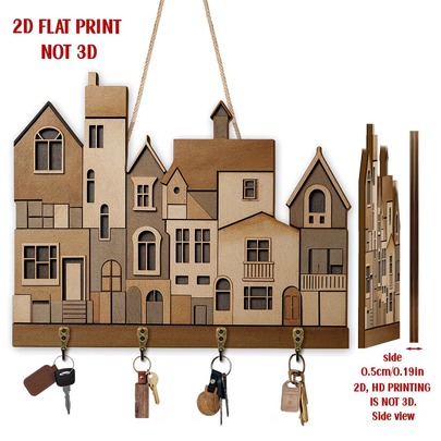 2D Flat, 1pc, Warm Country Style Wooden Multi-Function Home Key Holder With 4 Metal Hooks, Wall Decor, Porch Decor, Room Decor, Villa Decor, All Season Home Decor