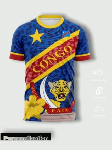 Jersey Fan Bertema Leopard, Warna Biru Penuh dengan Tekstur Leopard, Bintang Kuning Bendera Nasional, Olahraga Sepak Bola 2026 - Biru - View 2