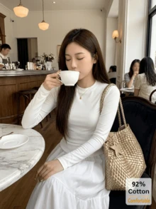 Áo thun nữ tay dài cotton nguyên chất, áo trắng đa năng, áo lót lớp trong màu trơn tôn dáng cho mùa thu/đông - trắng - Xem 3