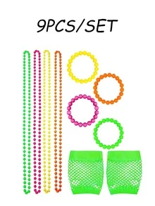Neon Beaded Necklace & Bracelet Set With Pink Fishnet Gloves, 80s Retro Outfit, Suitable For Halloween, EDM Parties, Summer Beach Parties And Theme Events - Hot Pink - View 7