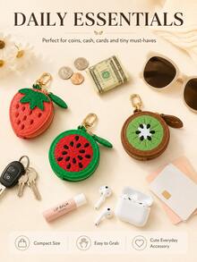 XD Cartera suave y linda con forma de fruta con llavero, mini bolsa con cremallera, adorable patrón de perro blanco con manchas, tarjetero compacto y portátil, adecuado para uso diario y como regalo - Multicolor - Ver 5