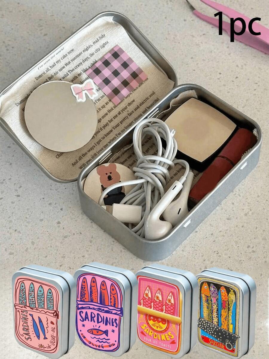 1pc Metal Tin Box With Sardine Pattern, Rectangular Hinged Design - A DIY Mini Portable Storage Box, Compact Storage Container And Mini Foldable Metal Box. Perfect For Storing Jewelry, Pills, Sewing Supplies And More. Also A Perfect Gift For Mother's Day. - Multicolor - View 1