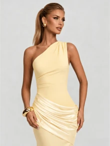 Sleeveless Solid Color Party Sexy Zipper Asymmetric/Asymmetrical Backless Evening Dress - Light Yellow - View 2