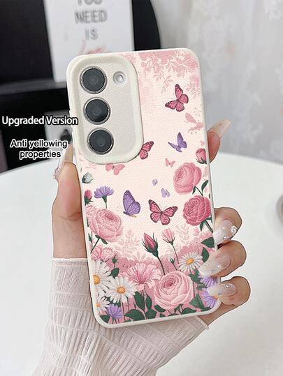 1pc Fashionable Personalized Rose & Butterfly Pattern Waterproof Anti-Drop Anti-Slip Litchi Texture Soft Phone Case Protective Cover, Suitable As Birthday Gift, Holiday Gift For Friends, Family, Couples, Yourself, Compatible With Samsung And Phones