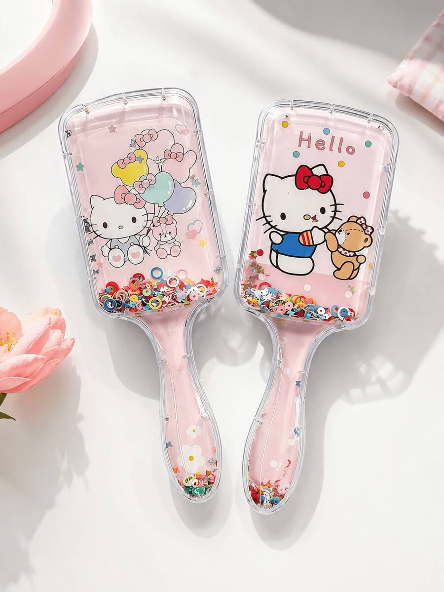 1件 MINISO Hello Kitty 亮片流體沙發梳,可愛泰迪熊漂浮亮片氣墊按摩梳,適合返校季,女性運動後清爽護髮梳 - 彩色 - 查看 1