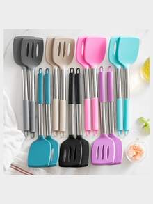 2pcs Premium Silicone Spatula Set, Durable Solid And Perforated Design, Heat-Resistant Flexible Non-Scratch, With Polished Stainless Steel Hook Handle, Easy To Clean Multi-Functional Kitchen Utensils - Khaki - View 10