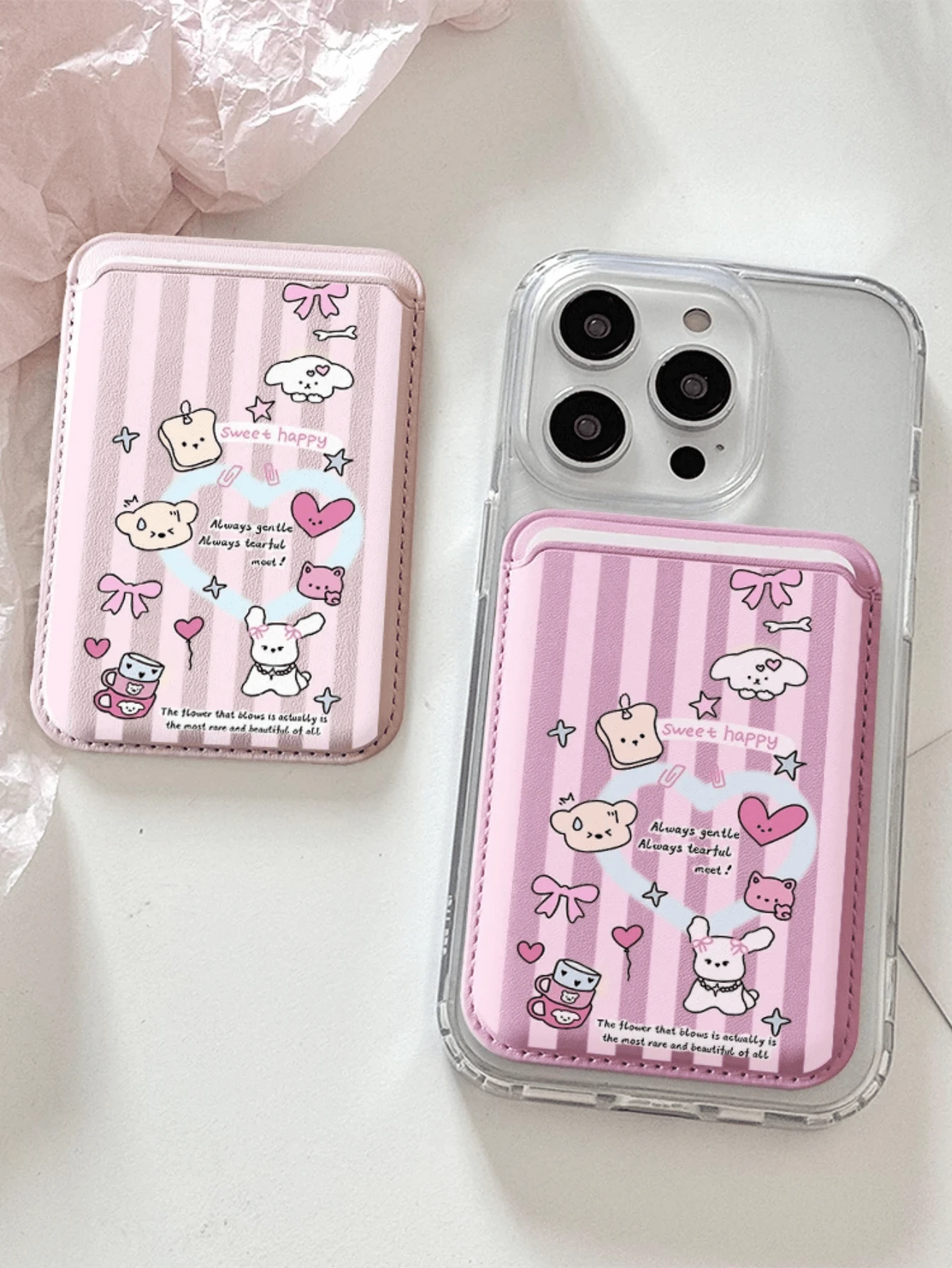 Cute Girly Sketch Style Leather Phone Card Holder Wallet For Magsafe Slim Magnetic Back Pocket Case Accessory - Multicolor - View 1