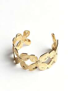 Hammered Open Cuff Stainless Steel Bracelet Women Wide Geometric Oval Chain Link Feather Bold Bangle Four Leaf Textured Adjustable Elegant Modern Gift - Bracelet - View 8