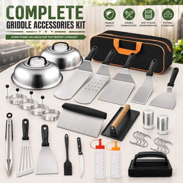 35pcs Of 201 Stainless Steel Barbecue Set,BBQ Additions Set,Flat Top Grill Accessories Set , Meat Press Plate, Teppanyaki, Kitchen Tools, Scraper For Outdoor Barbecue,Suitable For Outdoor Barbecue, Parties, Holidays Gifts