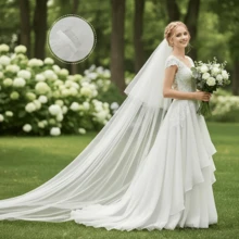 Bridal Wedding Double Layer Tulle Veil, Suitable For Church Wedding, Beach Wedding, Graduation Ball, Photography | Soft White Tulle Train Bridal Veil, European Elegant Bridal Headpiece - Beige - View 1