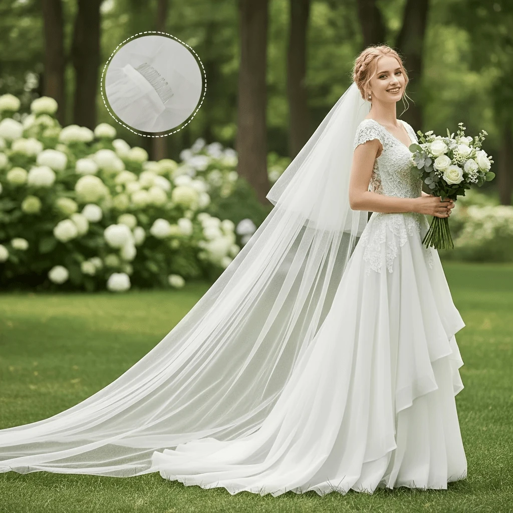 Bridal Wedding Double Layer Tulle Veil, Suitable For Church Wedding, Beach Wedding, Graduation Ball, Photography | Soft White Tulle Train Bridal Veil, European Elegant Bridal Headpiece - Beige - View 1