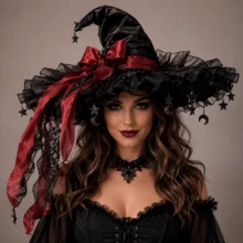 Halloween Witch Hat Gothic Wizard Hat Headwear With Detachable Bow - Red - View 8