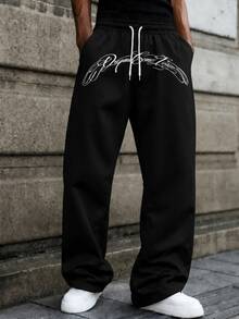 Fractyr Men's Black Drawstring Pants, American Retro Gothic Floral Print Wide-Leg Pants With Drawstring Elastic Waist, Loose Fit, Casual Everyday Wear - Black - View 2