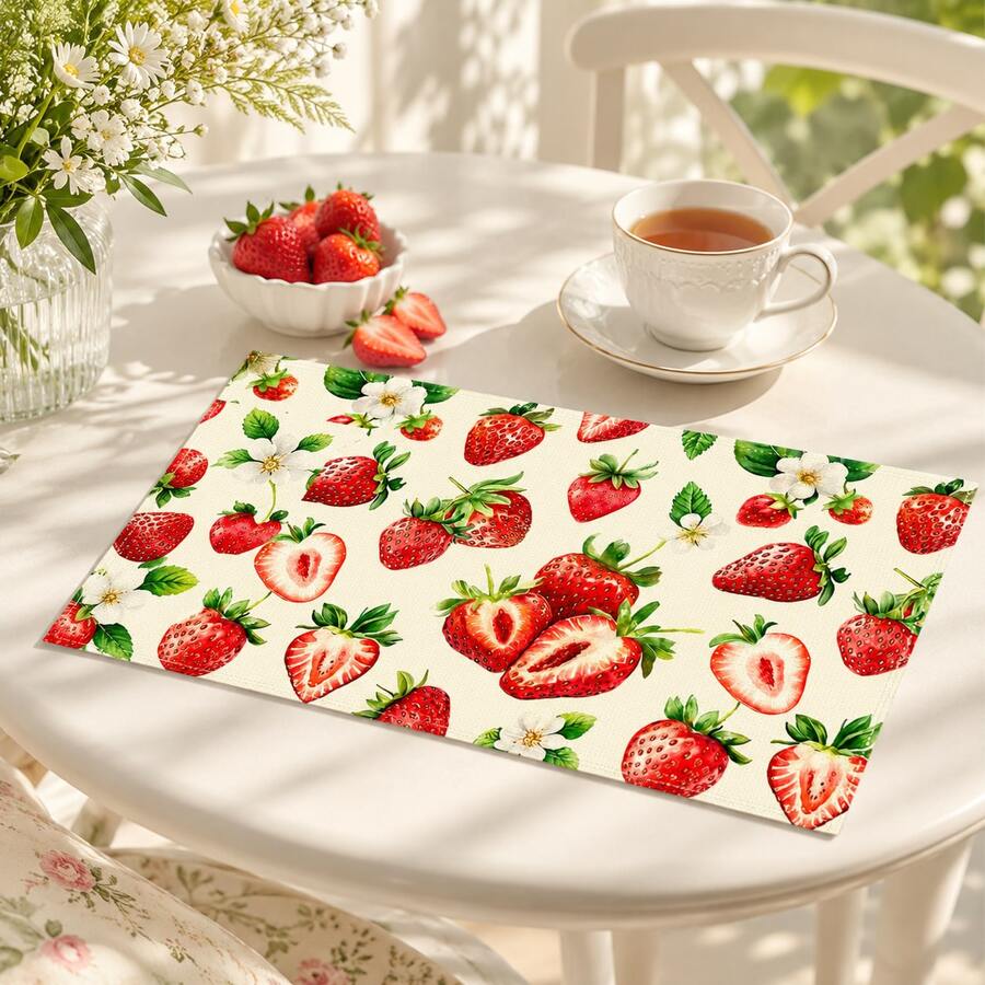 1pc/4pcs/6pcs/8pcs Strawberry Print Pattern, Suitable For Dining Table, Breakfast Mat, Coffee Bar, All Season Decoration, Washable Table Mat, Room Decor, Kitchen Dining Table Mat, Indoor/Outdoor Party Decoration, Home Decor, Ideal Gift
