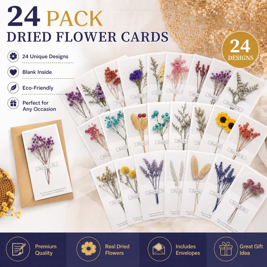 Set Of 24 Handmade Dried Flower Greeting Cards – Blank, All-Occasion Note Cards; Suitable For New Year, Birthdays, Teachers' Day, Graduations, Valentine's Day, And Wedding Gifts. - 24PCS - View 1