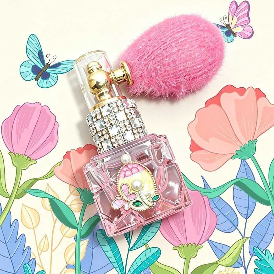 1pc Garden Decorative Pearl Glass Spray Bottle, Refillable Pink Plush Airbag Bottle, Leak-Proof Exquisite DIY Rhinestone Dispenser Bottle, Suitable For Perfume, Loose Powder, Talcum Powder, Travel, Birthday Gift, Daily Use - Multicolor - View 1