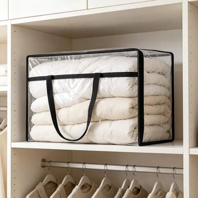 1 pièce/2 pièces Sac de rangement pour vêtements en PVC transparent, sac de rangement pour couette/couverture épaissi et imperméable avec poignée, sac de rangement empilable pour armoire et literie, sac d'emballage pour déménagement, convient pour le rangement de la literie saisonnière, le rangement en couches de l'armoire, l'organisation de l'ensemble de 4 pièces de couverture, rangement anti-humidité et anti-poussière