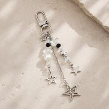 1pc Black & White Minimalist Star Beaded Keychain Pendant, Double-Layered Large & Small Pentagram Cross Metal Charm, Sweet & Cool Versatile Accessory For Backpacks And Phone Cases - Black and White 2 - View 2