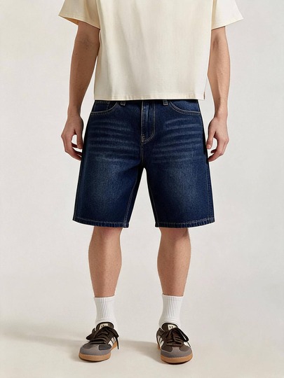 HEHCN Men's Front Button Pocket Casual Denim Shorts, Vintage Washed Blue American Streetwear Style Bermuda Jeans Shorts