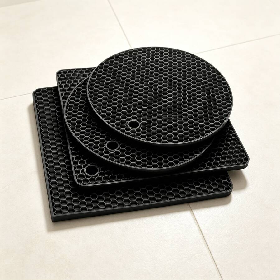 4 sottobicchieri in silicone nero con motivo a nido d'ape, 2 rotondi e 2 quadrati, antiscivolo, resistenti al calore, lavabili in lavastoviglie, per la cucina. - Visualizzare 1