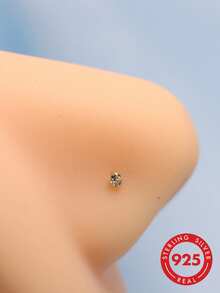 2pcs 925 Sterling Silver Nose Studs, 2.0mm, Clear Crystal L-Shaped Nose Rings - Yellow Gold - View 1