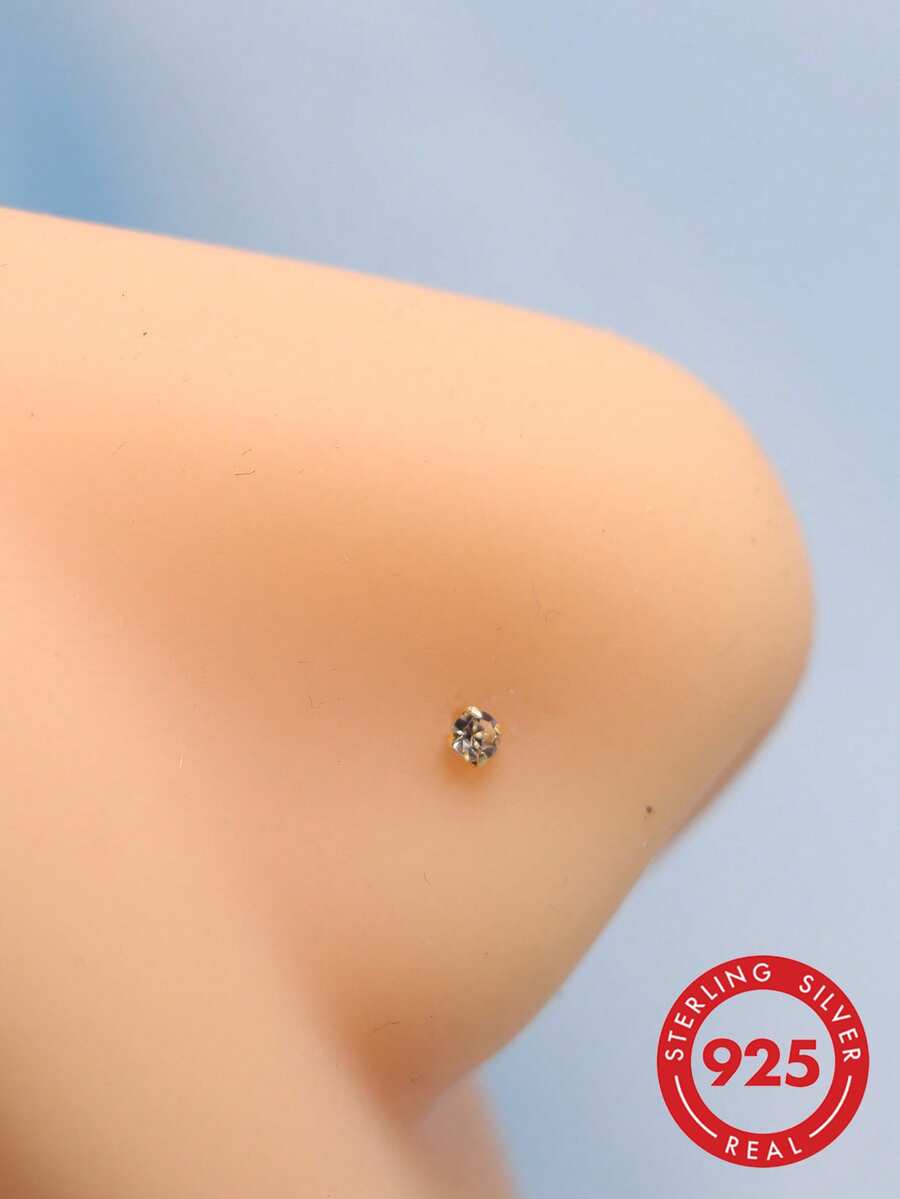 2pcs 925 Sterling Silver Nose Studs, 2.0mm, Clear Crystal L-Shaped Nose Rings - Yellow Gold - View 1