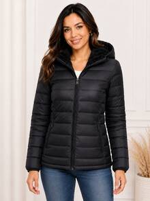 Women's Plush Puffer Jacket With Faux Fur Lining, Hood With Removable Fur, Suitable For Cold Winter And Waterproof. - 黑色帽子無絨 - 查看 2
