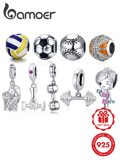 bamoer 1颗925纯银哑铃珠吊坠，适合女士手工手链DIY饰品