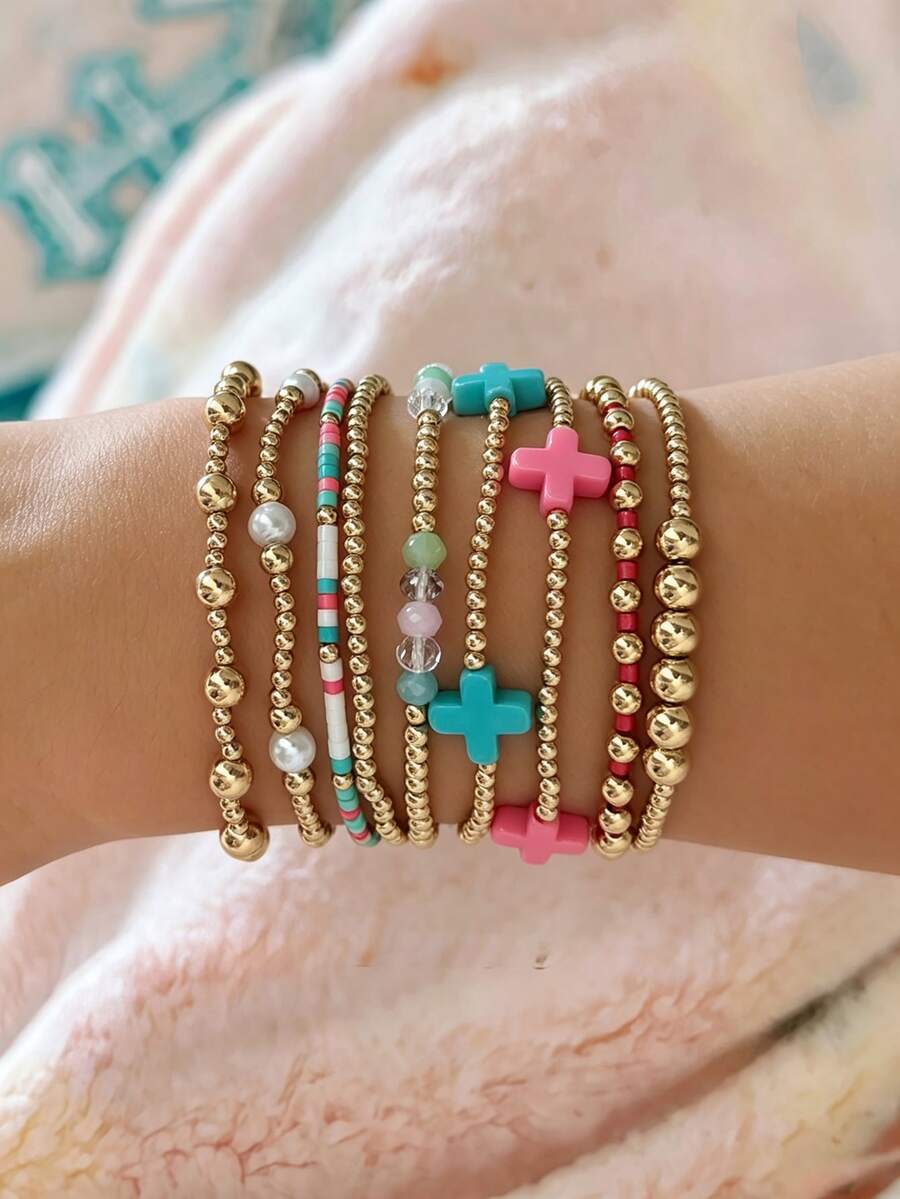 9pcs CCB Colorful Rice Bead Cross Beaded Multi-Layer Bracelet Set, Suitable For Women's Daily Wear, Dating, Music Festival, Party Layering - Multicolor - View 1